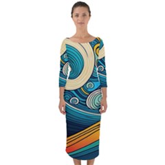 Waves Wave Ocean Sea Abstract Whimsical Quarter Sleeve Midi Bodycon Dress