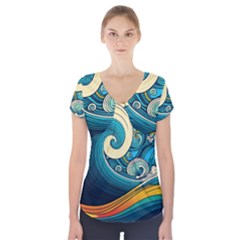 Waves Wave Ocean Sea Abstract Whimsical Short Sleeve Front Detail Top