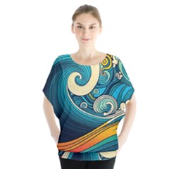 Waves Wave Ocean Sea Abstract Whimsical Batwing Chiffon Blouse