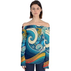 Waves Wave Ocean Sea Abstract Whimsical Off Shoulder Long Sleeve Top