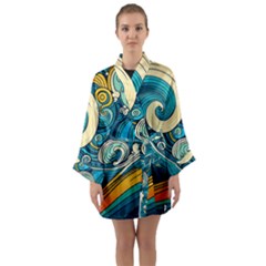 Waves Wave Ocean Sea Abstract Whimsical Long Sleeve Satin Kimono