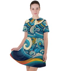 Waves Wave Ocean Sea Abstract Whimsical Short Sleeve Shoulder Cut Out Dress 