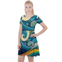 Waves Wave Ocean Sea Abstract Whimsical Cap Sleeve Velour Dress 