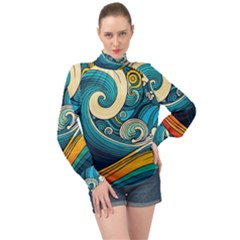 Waves Wave Ocean Sea Abstract Whimsical High Neck Long Sleeve Chiffon Top by Jancukart