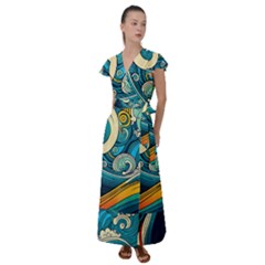 Waves Wave Ocean Sea Abstract Whimsical Flutter Sleeve Maxi Dress