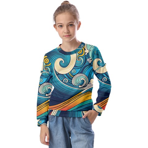 Waves Wave Ocean Sea Abstract Whimsical Kids  Long Sleeve Tee With Frill  by Jancukart