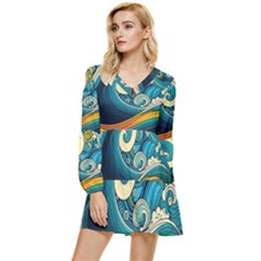 Waves Wave Ocean Sea Abstract Whimsical Tiered Long Sleeve Mini Dress by Jancukart