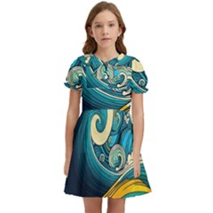 Waves Wave Ocean Sea Abstract Whimsical Kids  Bow Tie Puff Sleeve Dress