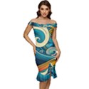 Waves Wave Ocean Sea Abstract Whimsical Off Shoulder Ruffle Split Hem Bodycon Dress View1