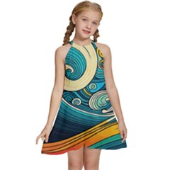 Waves Wave Ocean Sea Abstract Whimsical Kids  Halter Collar Waist Tie Chiffon Dress by Jancukart