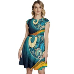 Waves Wave Ocean Sea Abstract Whimsical Cap Sleeve High Waist Dress