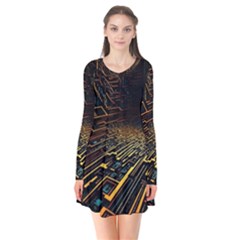 Data Technology Coding Pattern Long Sleeve V-neck Flare Dress