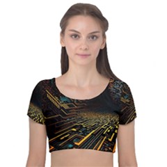 Data Technology Coding Pattern Velvet Short Sleeve Crop Top  by Jancukart