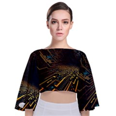 Data Technology Coding Pattern Tie Back Butterfly Sleeve Chiffon Top