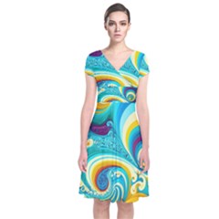 Waves Ocean Sea Abstract Whimsical Short Sleeve Front Wrap Dress by Jancukart