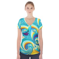 Waves Ocean Sea Abstract Whimsical Short Sleeve Front Detail Top