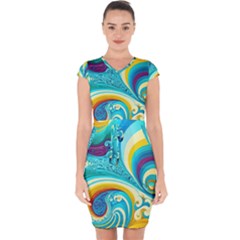 Waves Ocean Sea Abstract Whimsical Capsleeve Drawstring Dress 