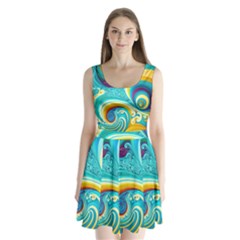 Waves Ocean Sea Abstract Whimsical Split Back Mini Dress 