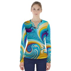 Waves Ocean Sea Abstract Whimsical V-neck Long Sleeve Top