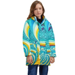 Waves Ocean Sea Abstract Whimsical Kid s Hooded Longline Puffer Jacket