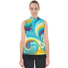 Waves Ocean Sea Abstract Whimsical Mock Neck Shell Top