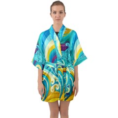 Waves Ocean Sea Abstract Whimsical Half Sleeve Satin Kimono 