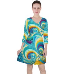 Waves Ocean Sea Abstract Whimsical Quarter Sleeve Ruffle Waist Dress by Jancukart