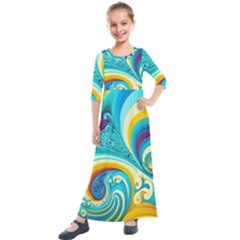 Waves Ocean Sea Abstract Whimsical Kids  Quarter Sleeve Maxi Dress