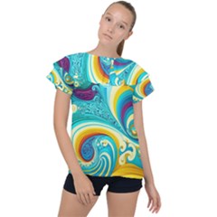 Waves Ocean Sea Abstract Whimsical Ruffle Collar Chiffon Blouse