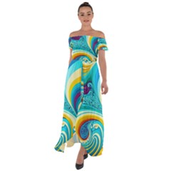 Waves Ocean Sea Abstract Whimsical Off Shoulder Open Front Chiffon Dress