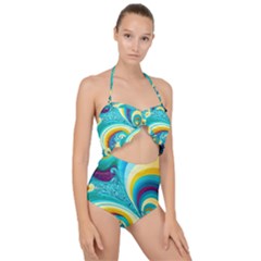 Waves Ocean Sea Abstract Whimsical Scallop Top Cut Out Swimsuit