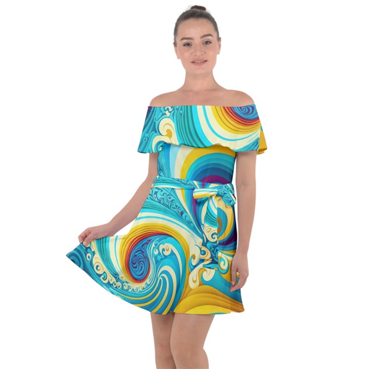 Waves Ocean Sea Abstract Whimsical Off Shoulder Velour Dress