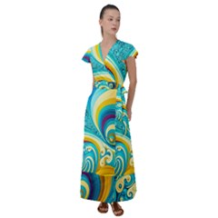 Waves Ocean Sea Abstract Whimsical Flutter Sleeve Maxi Dress by Jancukart