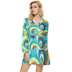 Waves Ocean Sea Abstract Whimsical Tiered Long Sleeve Mini Dress by Jancukart