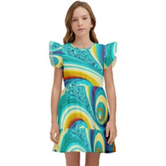 Waves Ocean Sea Abstract Whimsical Kids  Winged Sleeve Dress