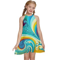 Waves Ocean Sea Abstract Whimsical Kids  Halter Collar Waist Tie Chiffon Dress by Jancukart