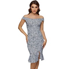 Circle Ornate Motif Random Pattern Off Shoulder Ruffle Split Hem Bodycon Dress