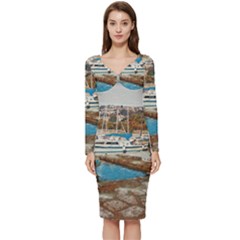 Alone On Gardasee, Italy  Long Sleeve V-neck Bodycon Dress  by ConteMonfrey