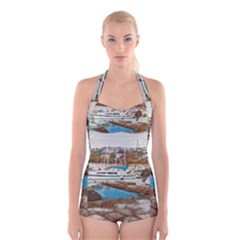 Alone On Gardasee, Italy  Boyleg Halter Swimsuit  by ConteMonfrey