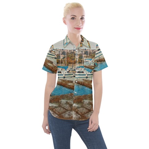 Alone On Gardasee, Italy  Women s Short Sleeve Pocket Shirt by ConteMonfrey