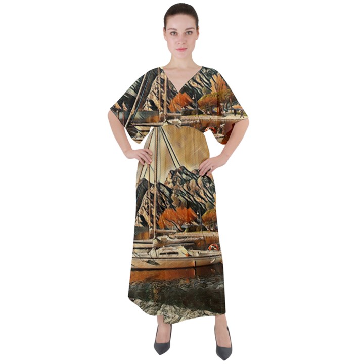 Art boats Garda, Italy. V-Neck Boho Style Maxi Dress