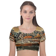 Art Boats Garda, Italy  Velvet Short Sleeve Crop Top  by ConteMonfrey