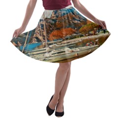 Boats On Lake Garda, Italy  A-line Skater Skirt by ConteMonfrey