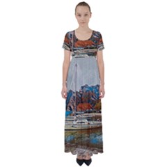 Boats On Lake Garda, Italy  High Waist Short Sleeve Maxi Dress by ConteMonfrey