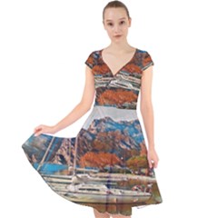 Boats On Lake Garda, Italy  Cap Sleeve Front Wrap Midi Dress by ConteMonfrey