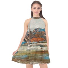 Boats On Lake Garda, Italy  Halter Neckline Chiffon Dress  by ConteMonfrey