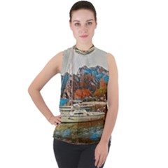 Boats On Lake Garda, Italy  Mock Neck Chiffon Sleeveless Top by ConteMonfrey