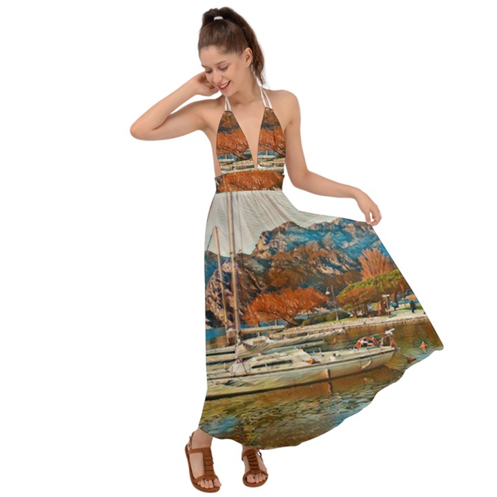 Boats on Lake Garda, Italy. Backless Maxi Beach Dress