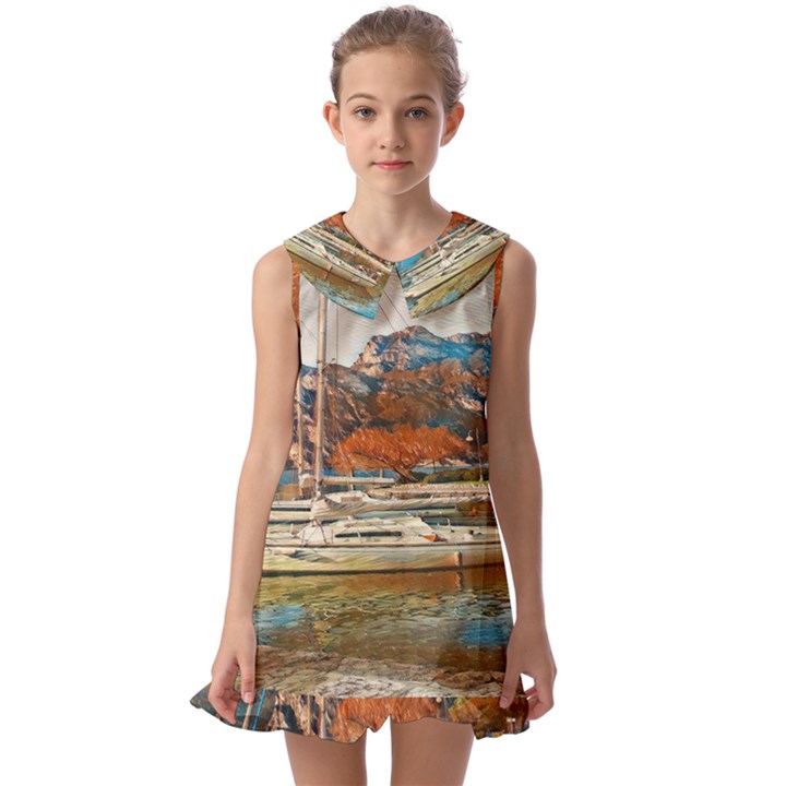 Boats on Lake Garda, Italy. Kids  Pilgrim Collar Ruffle Hem Dress