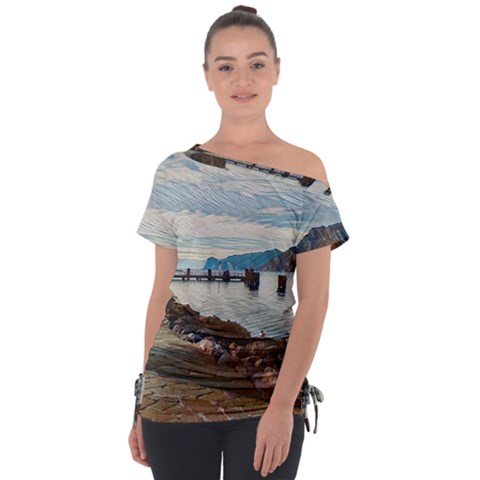 Ducks On Gardasee Off Shoulder Tie-up Tee by ConteMonfrey